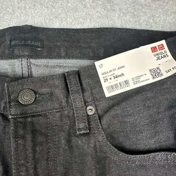 Uniqlo Jeans Mens 29x34 Black Denim Straight 5 Pocket Casual Regular Fit NWT‎